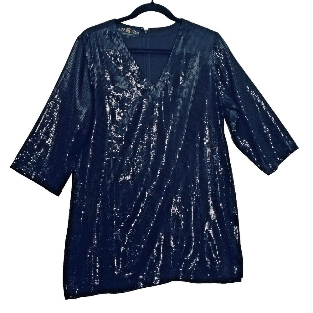 Nazila Couture sz Large Black Sequin V Neck Tunic Side Slits 12" Sleeves NWOT